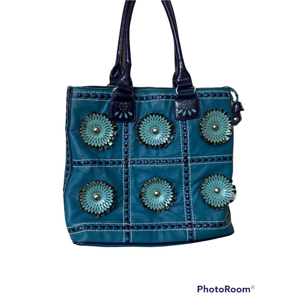 Nicole Lee Handbag Purse Bag Blue Teal 3D‎ Flower Design Detailed Tote